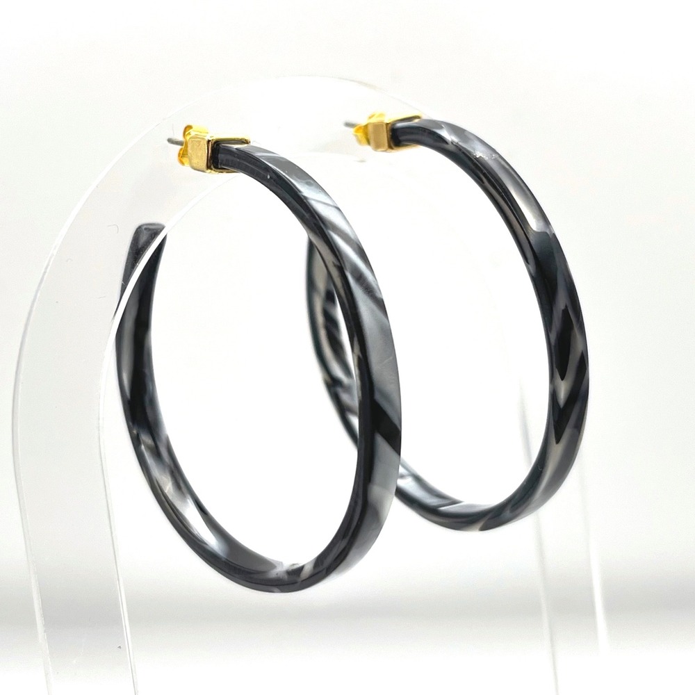 Black White Marbled Resin Large Hoop Earrings Gold Tone Hardware 2 Inch C-Hoops